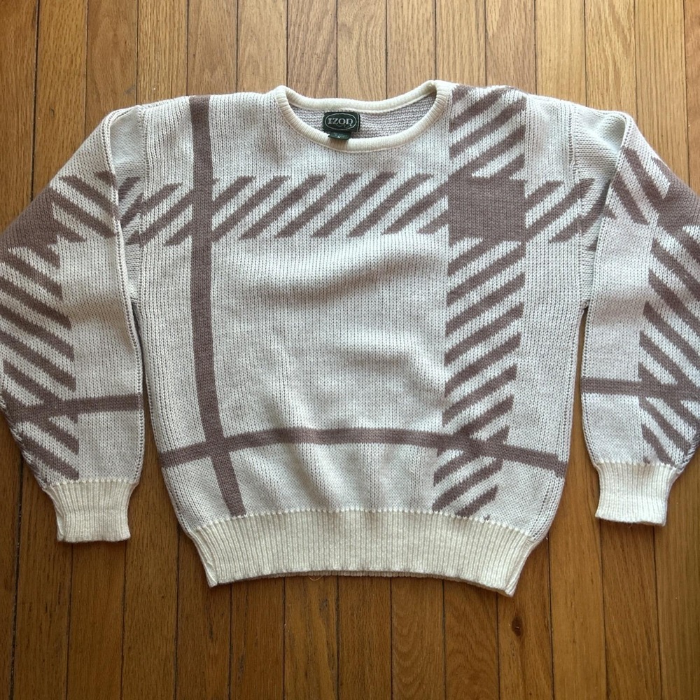 90s IZOD‎ Acrylic Beige Brown Retro Stripe Grandpa Sweater MED EUC